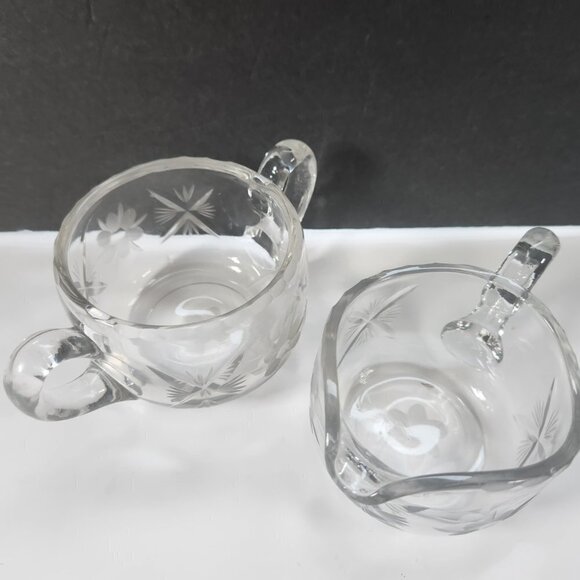 Cream and Sugar Set Vintage Lead Crystal Etched Flowers Heavy Glass - Picture 2 of 16